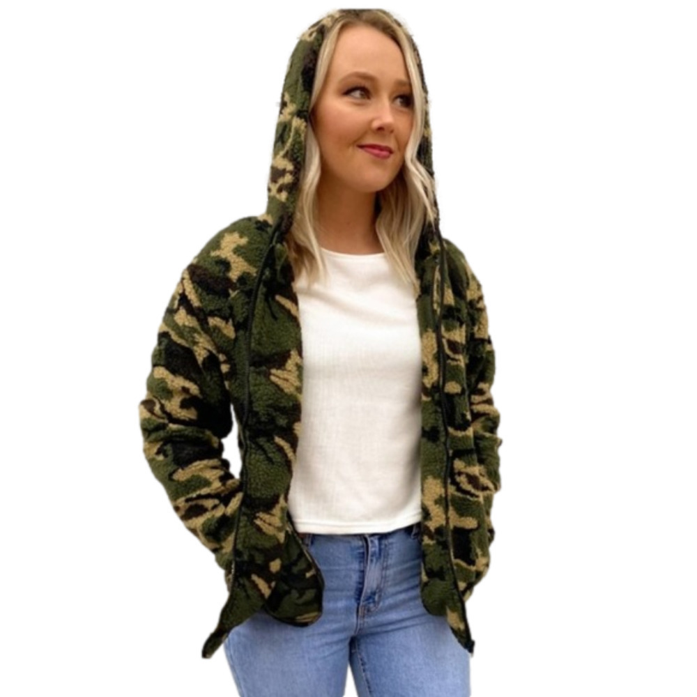 AUDREY Teddy Bear Sherpa HoodedArmy Camo Jacket NWT